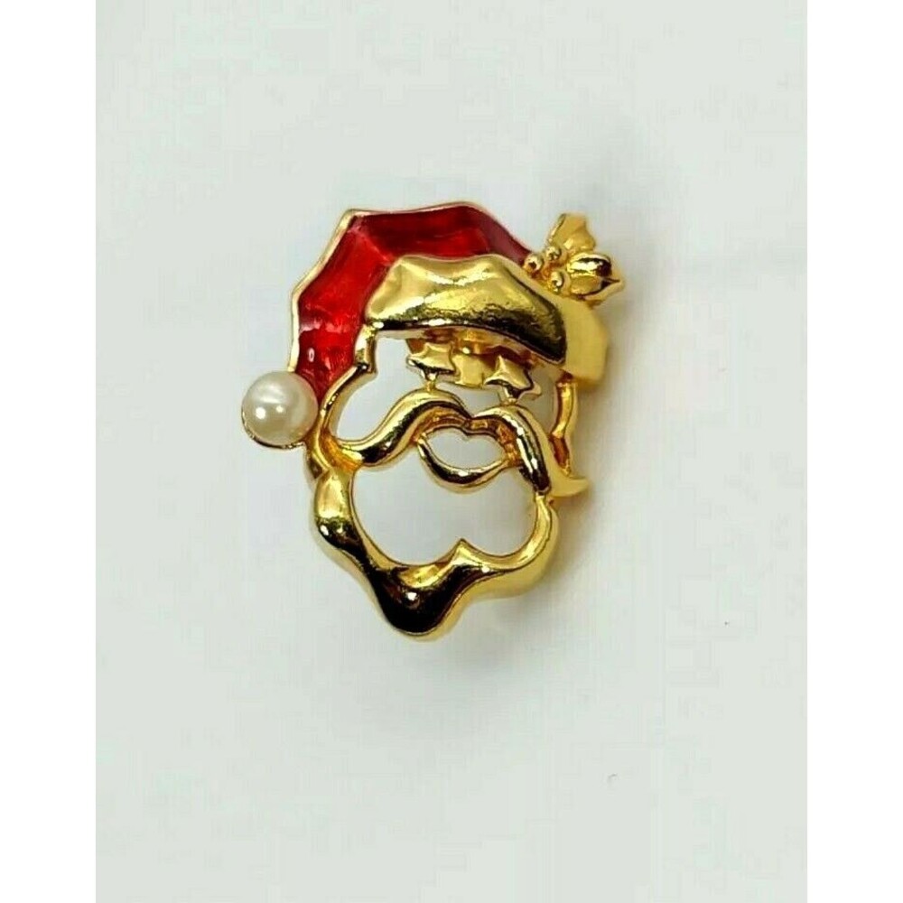 Vtg Unsigned Gold Tone Enamel Pearl Santa Claus Hat Tie Lapel Brooch Pin